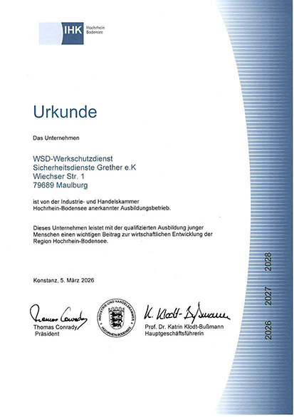Wir sind von der IHK anerkannter Ausbildungsbetrieb zur Fachkraft für Schutz und Sicherheit.